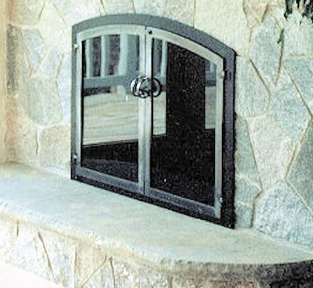 Nantucket Arch Black frame, natural iron twin doors, standard forged handle, standard smoke glass. Comes with gate mesh spark screens. Installed on stone
